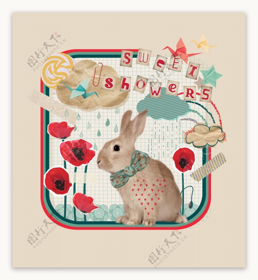 位图插画动物兔子花朵免费素材