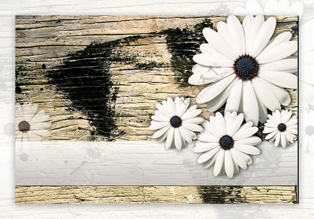 粗糙古朴木板淡雅的小菊花背景ppt模板