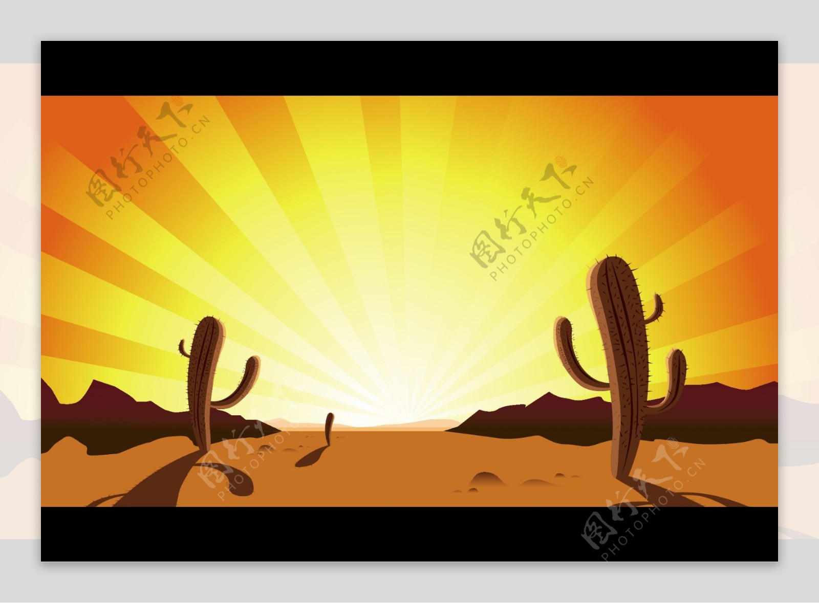 沙漠日落仙人掌矢量图