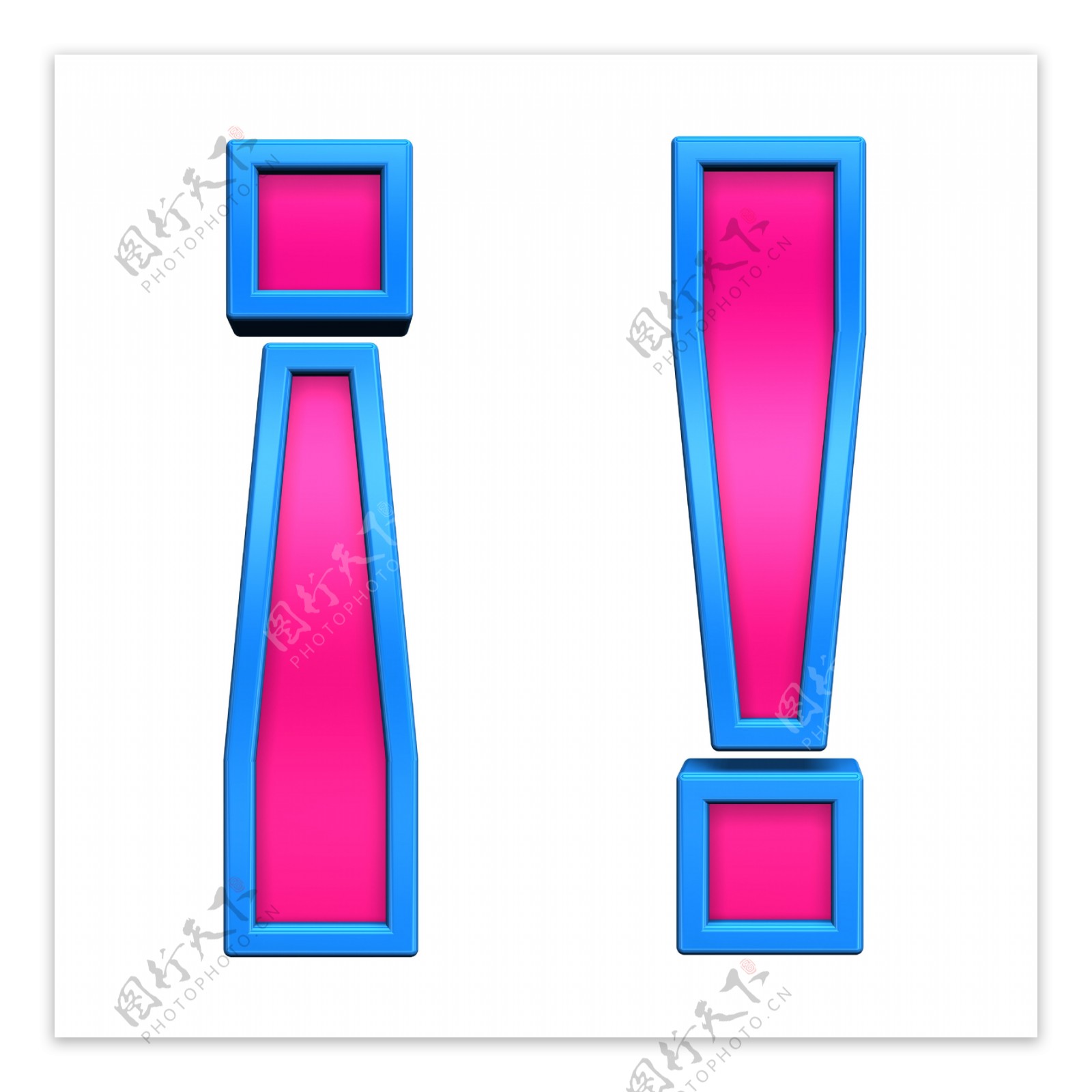 蓝色框字母集孤立在白色的粉红色的感叹标记符号