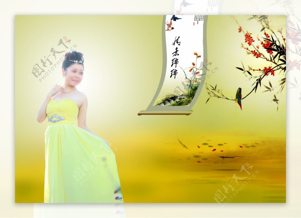 中国风海报婚纱古典写真背景PSD分层素材