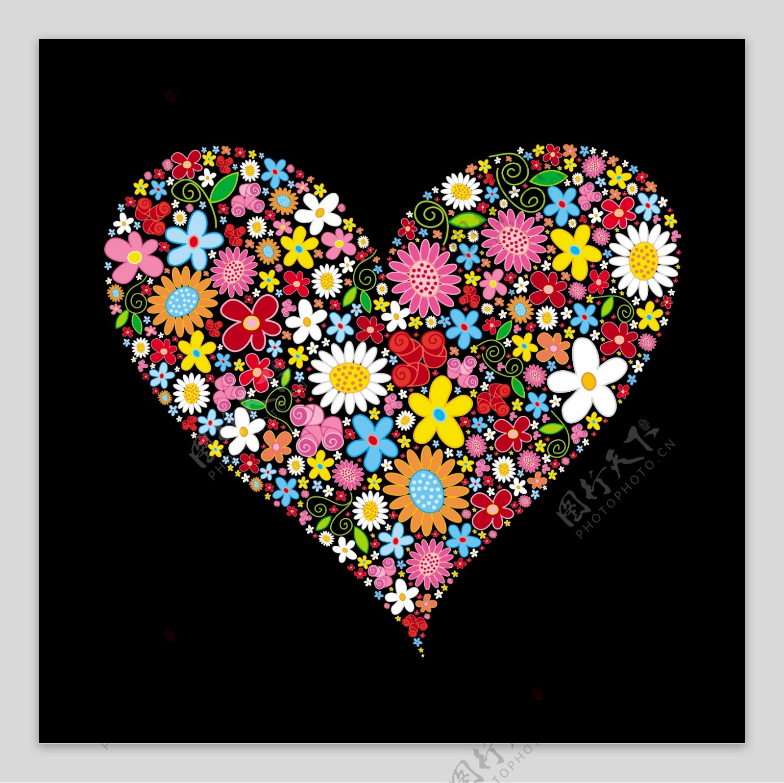 色彩斑斓的花卉组成的心形