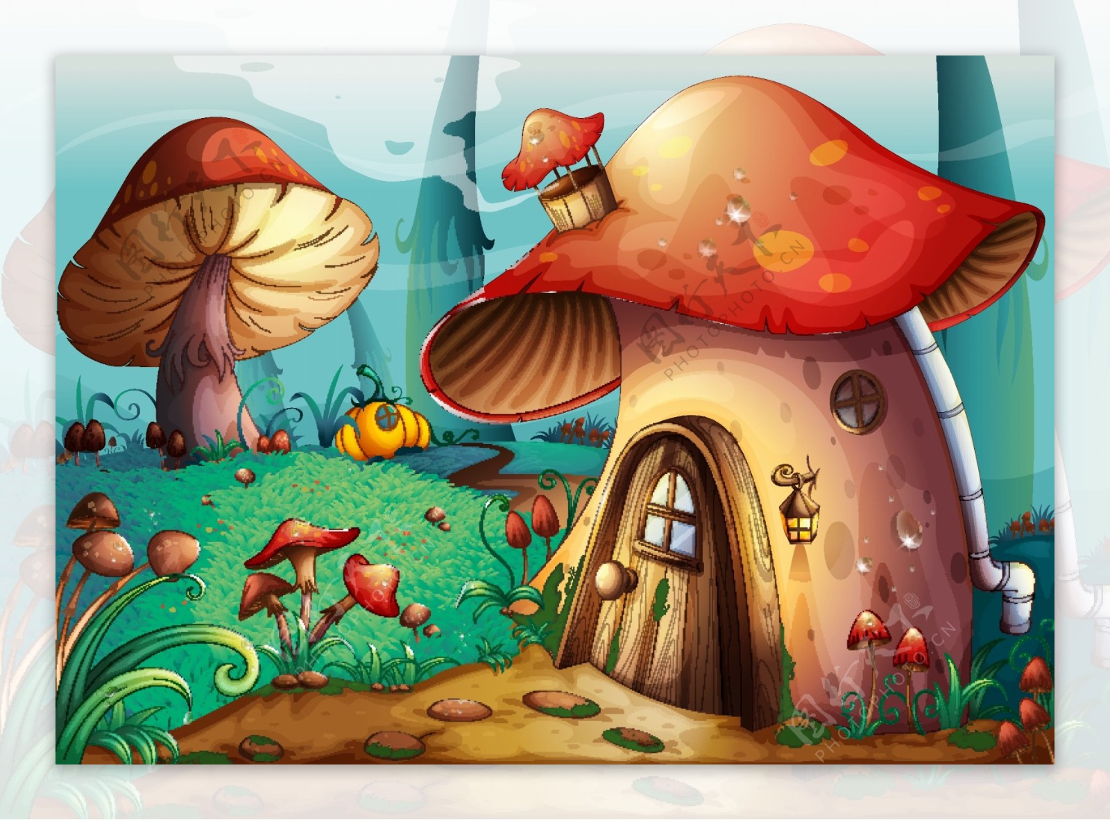 卡通森林蘑菇房子矢量素材