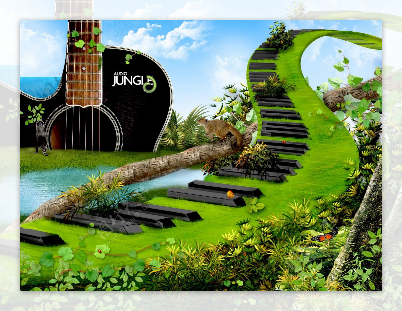 音乐丛林大树电吉他绿地键盘高清壁纸