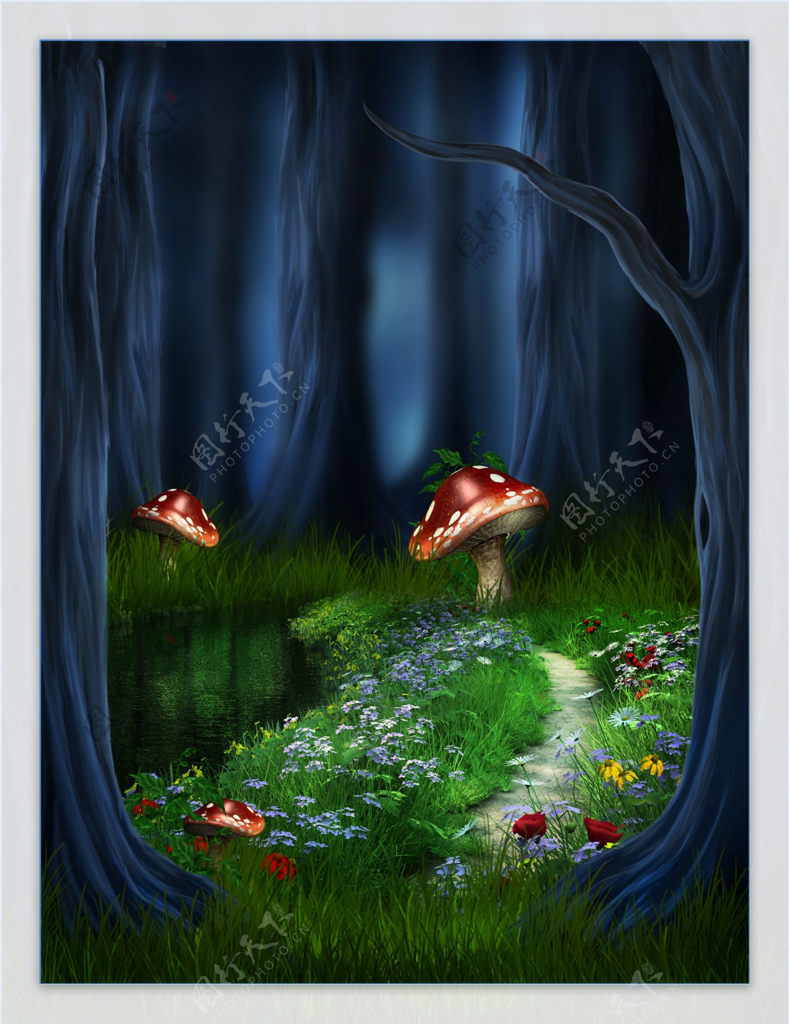油画夜色蘑菇风景图