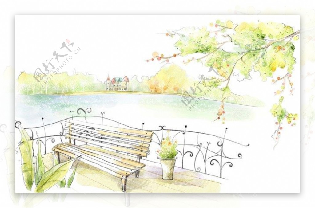 韩风手绘水彩插画公园