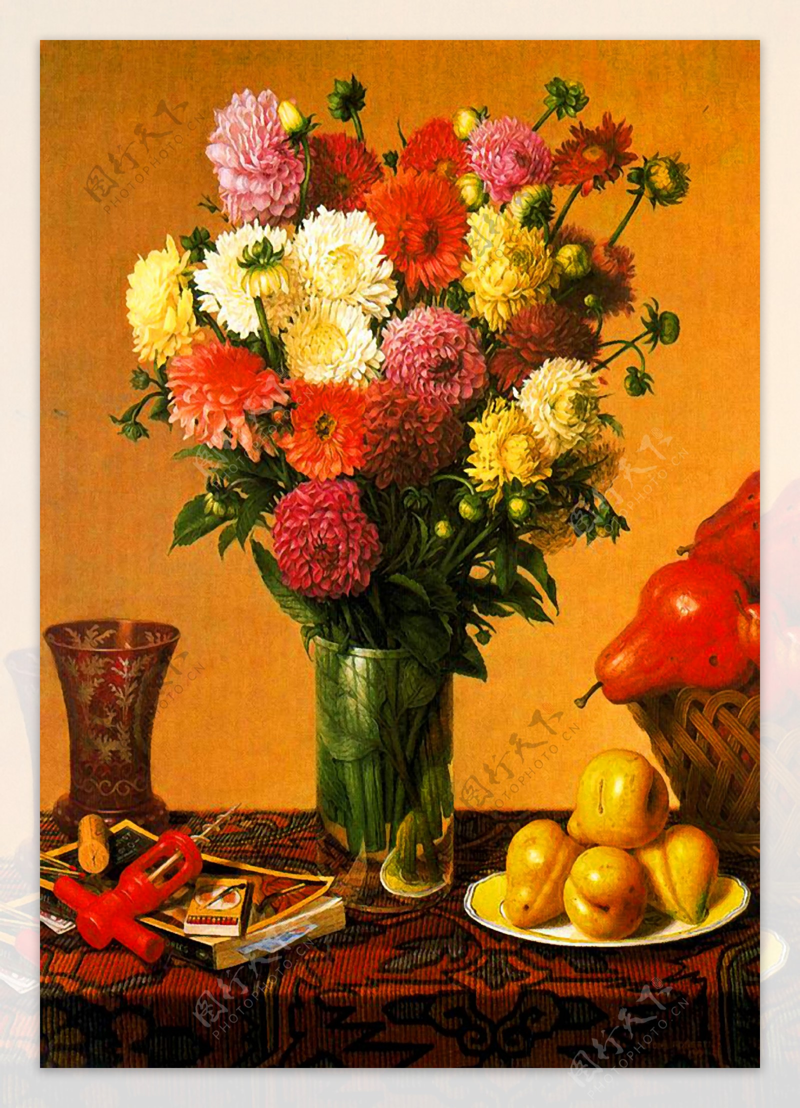 油画鲜花旁边的水果图片