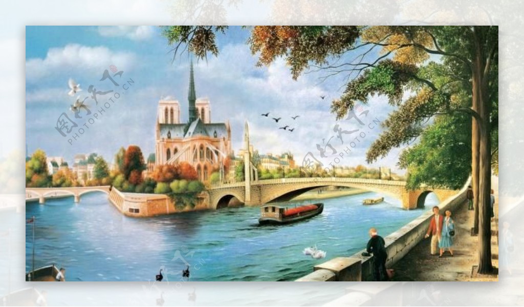 油画风景河畔图片