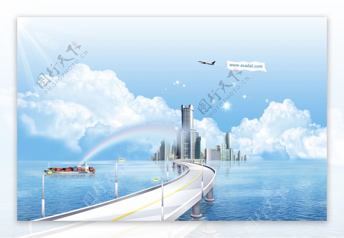 跨海大桥海岛城市风景PSD分层素材