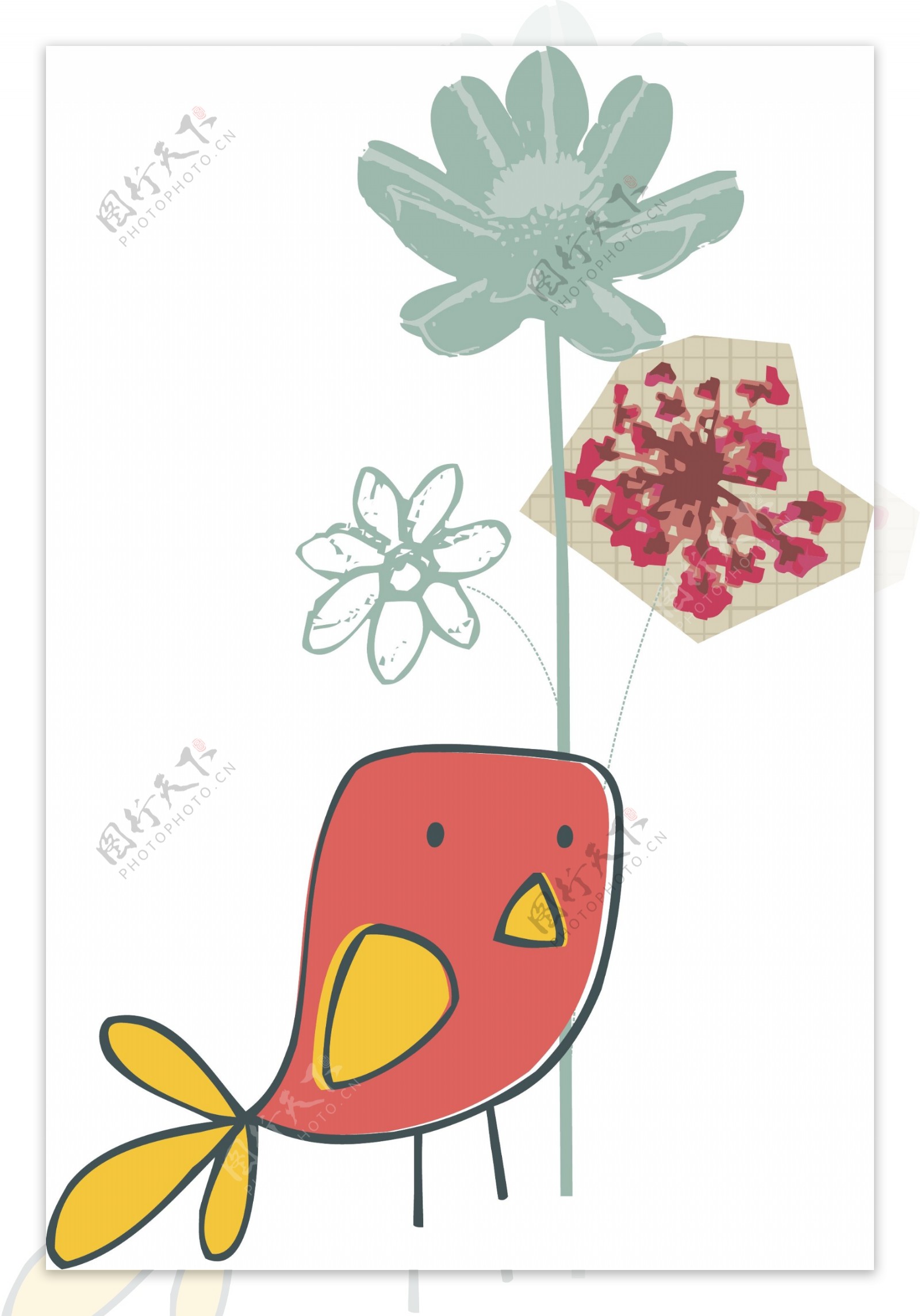 印花矢量图卡通动物小鸟卡通植物花朵免费素材