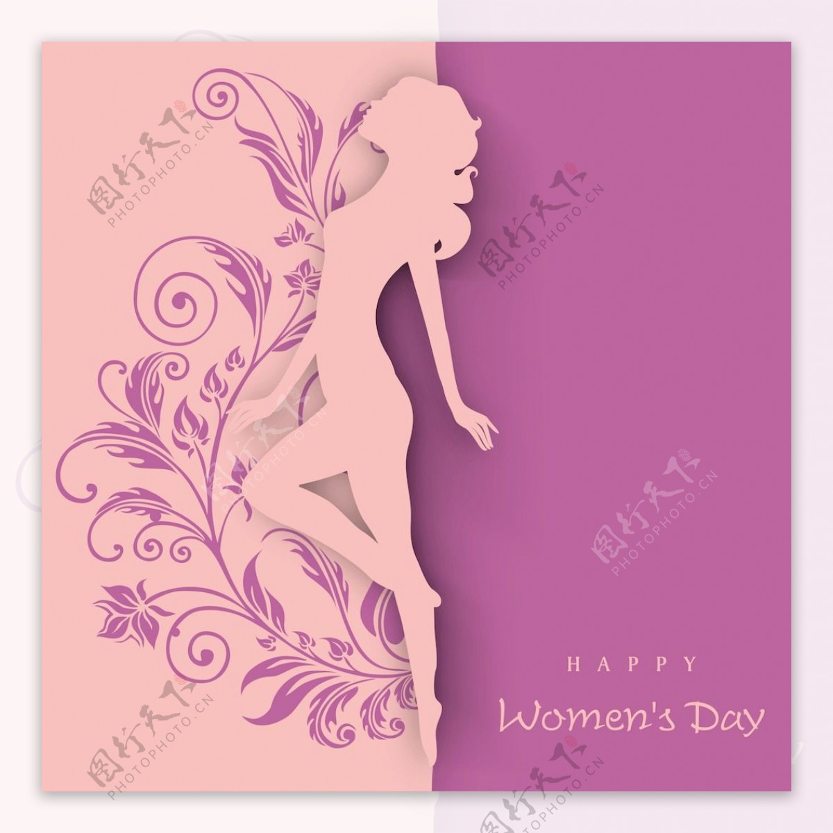 三八妇女节贺卡或海报的橙色和紫色的背景上的舞姿女孩轮廓设计