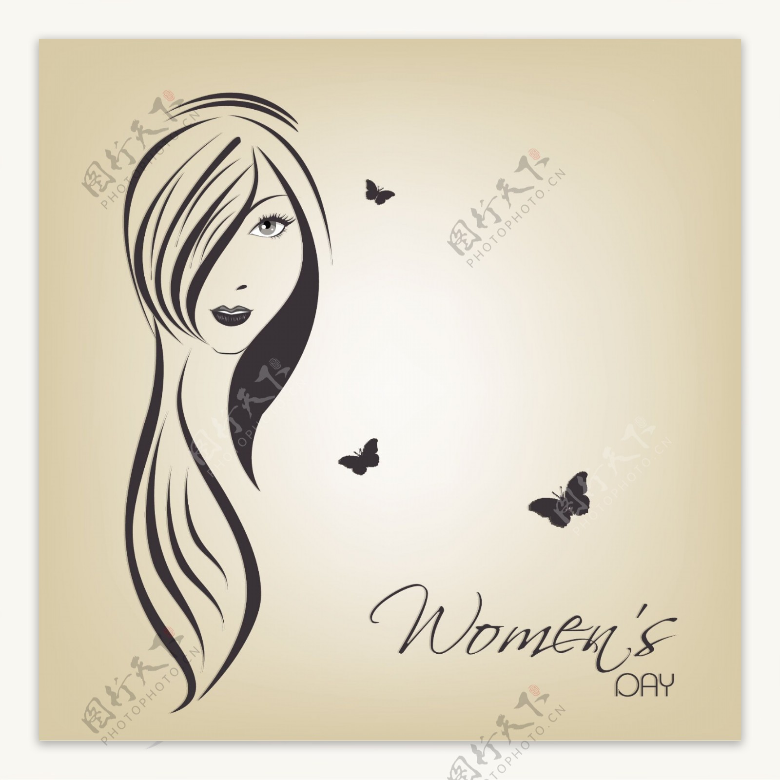 三八妇女节贺卡或海报带棕色长发女孩插画设计背景