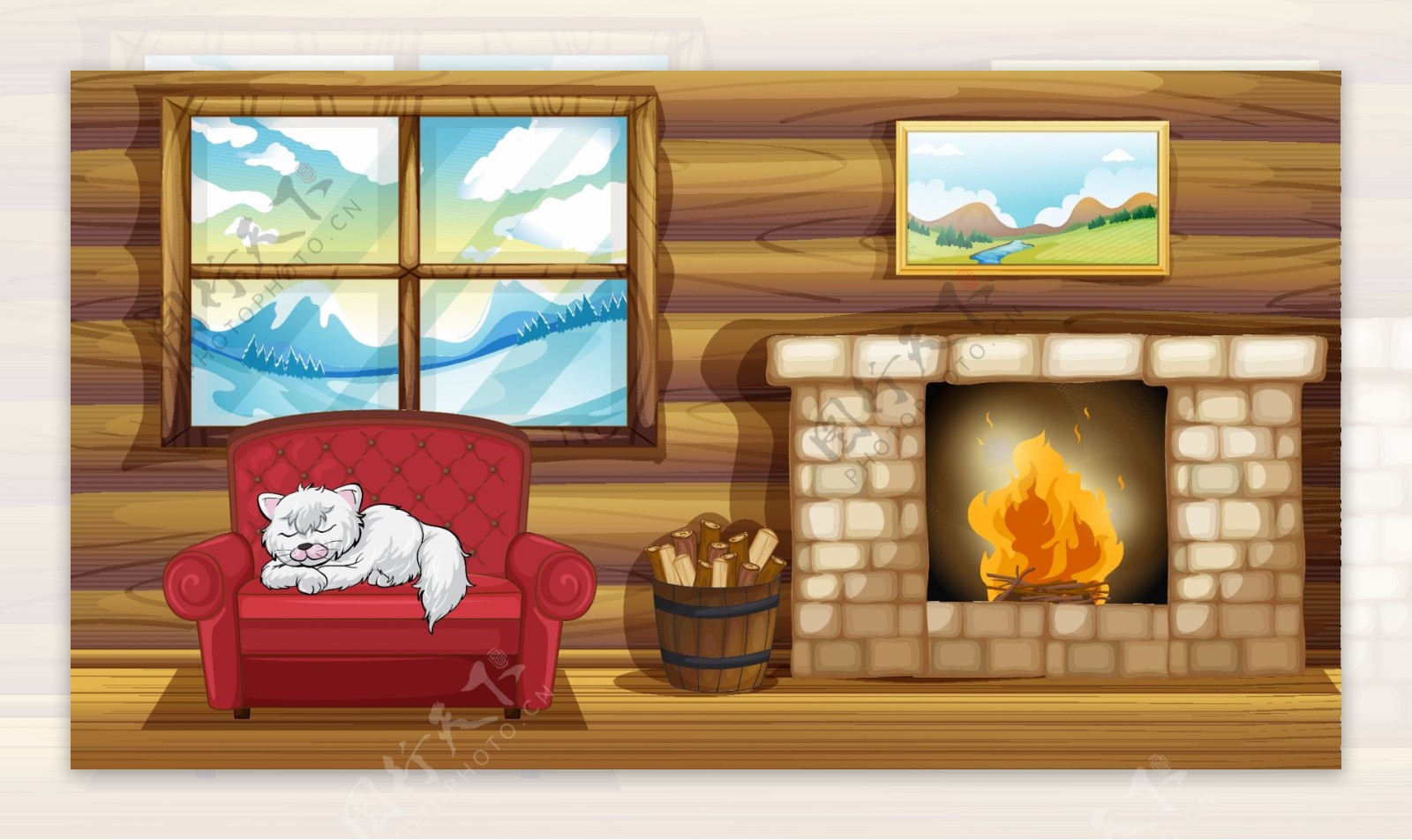 卡通冬季温暖木屋矢量素材图片