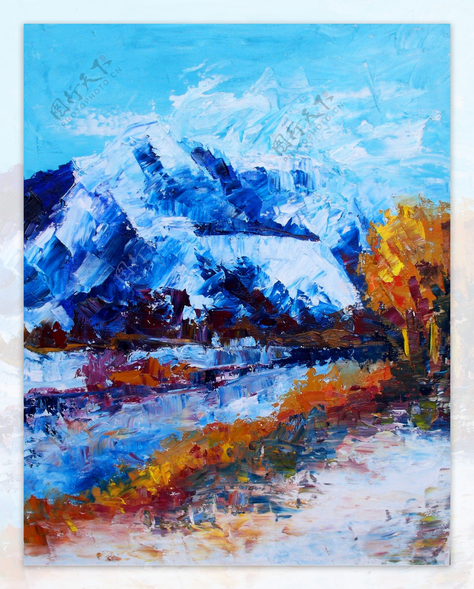油画雪山河流图片