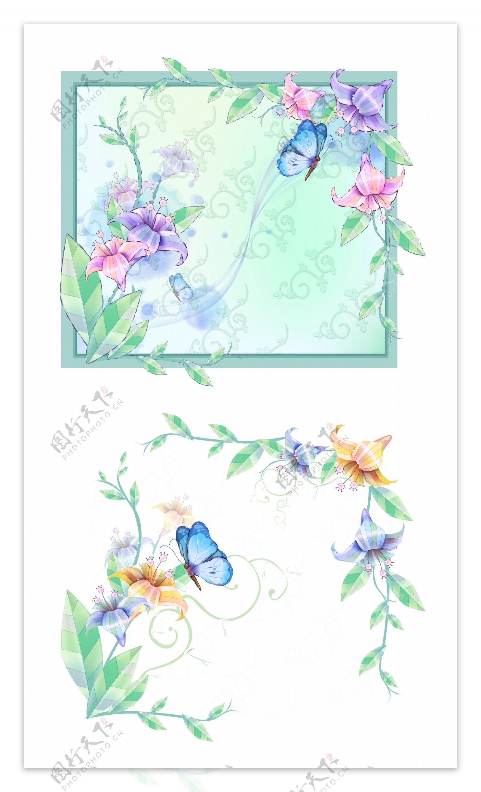 淡雅蓝色花朵蝴蝶背景素材