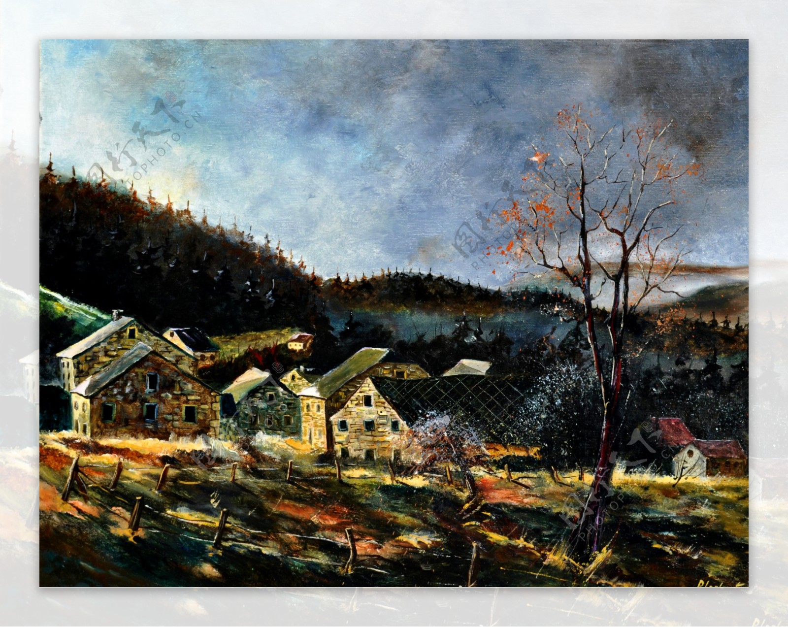 油画秋天的村庄图片