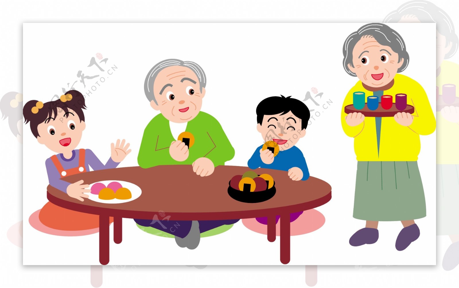 老年人与小孩吃饭矢量素材