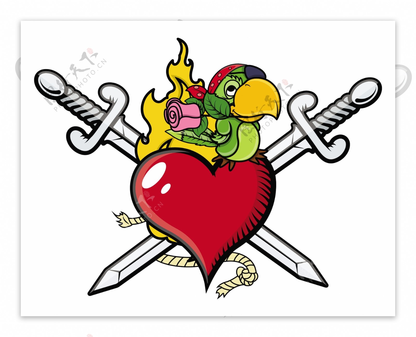 交叉的剑心的情人海盗纹身矢量卡通插画