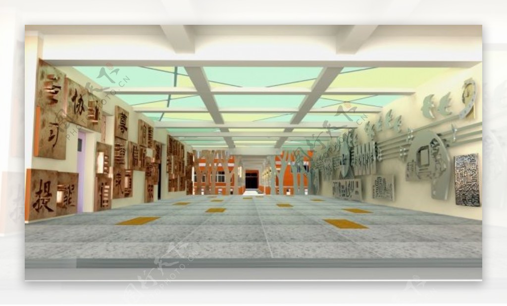 学校大厅校园文化墙3D效果图源文件