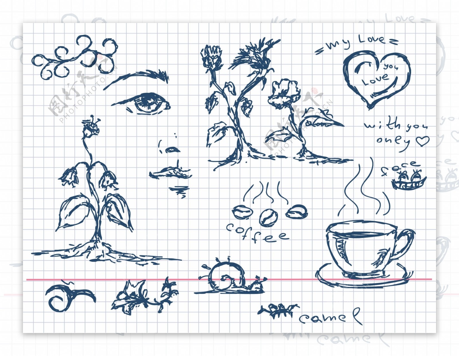 手绘植物咖啡和其他元素矢量素材