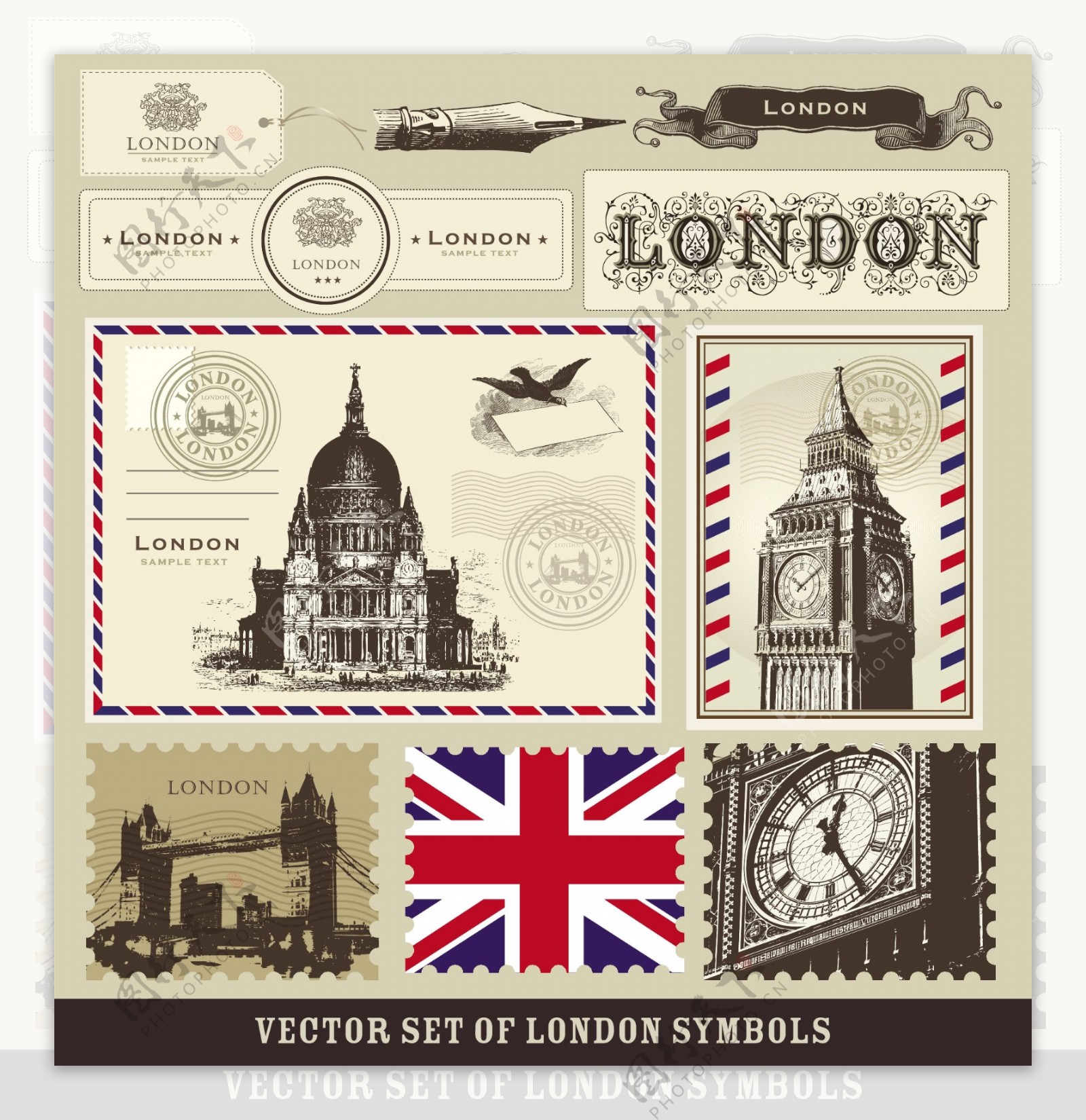 邮票等怀旧复古伦敦主题矢量素材