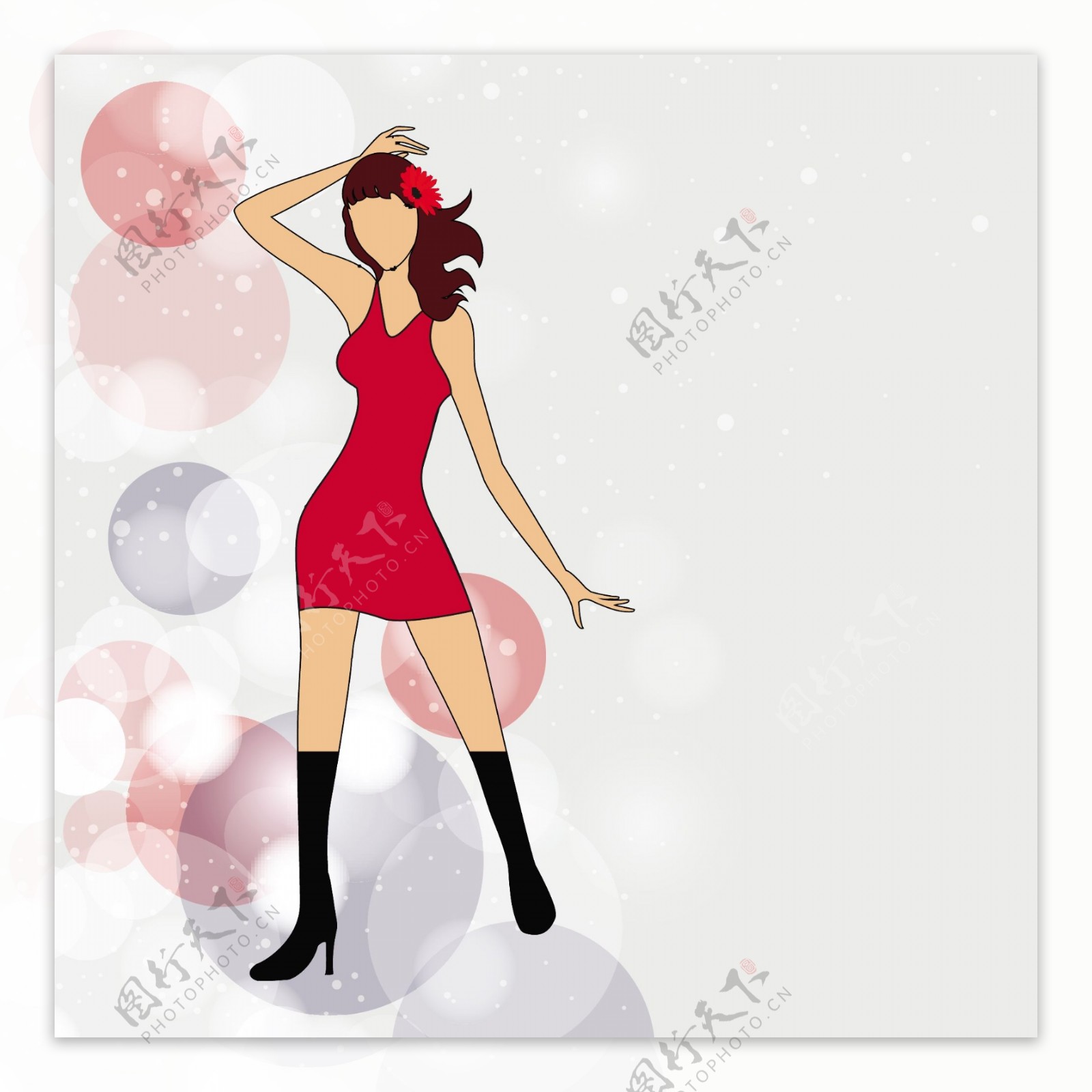 年轻的时尚穿红色衣服的女孩在抽象的闪亮的背景