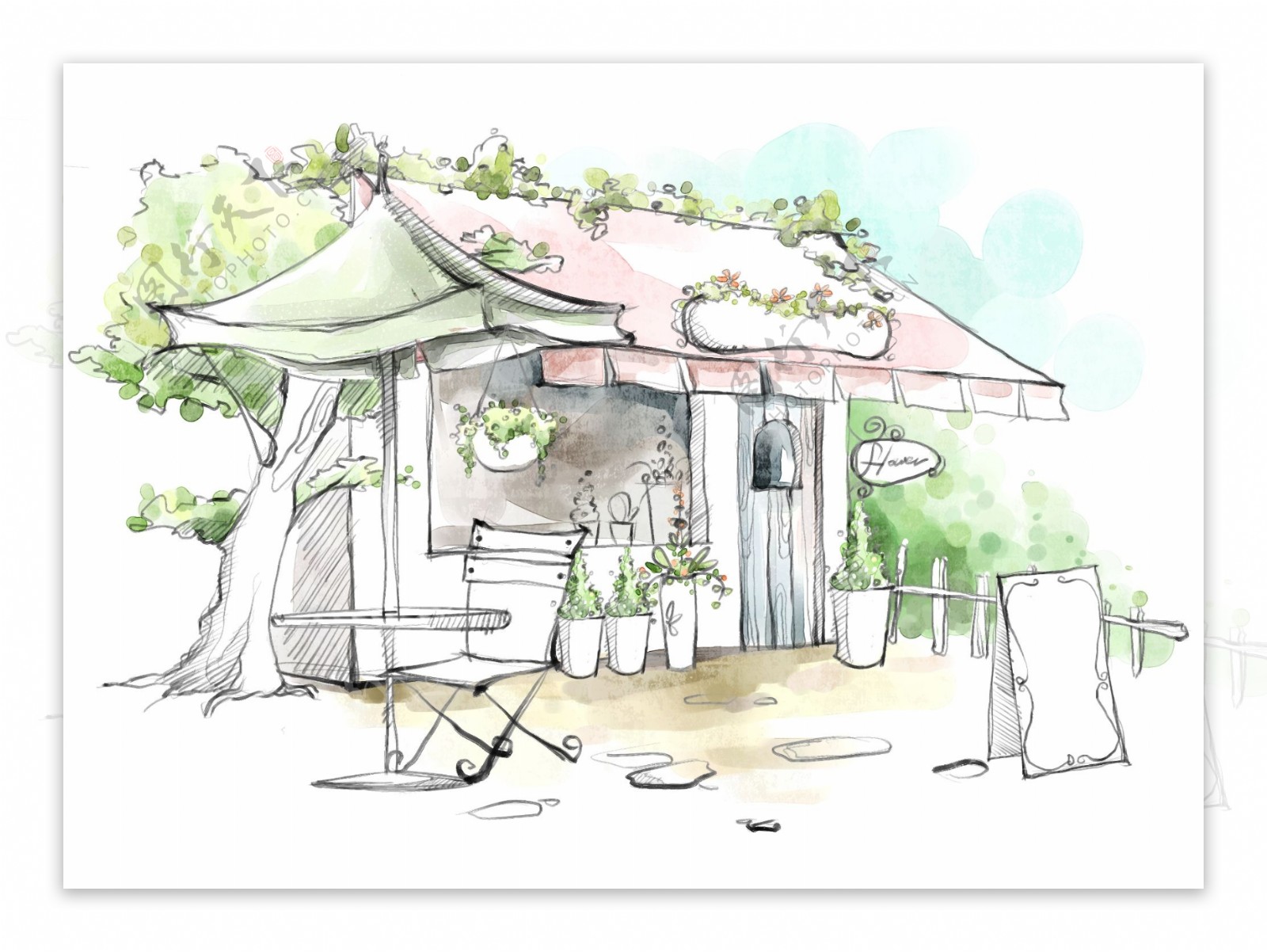 HanMaker韩国设计素材库背景淡彩色调意境绘画风格房屋
