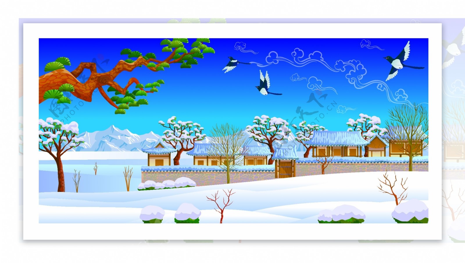 日本冬季雪景景观插画