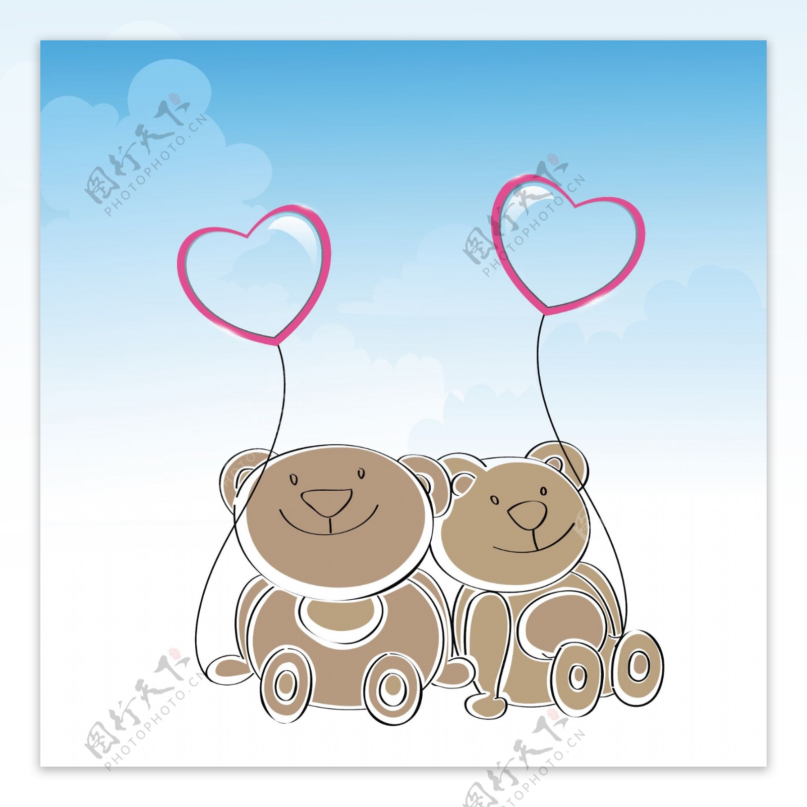 快乐友谊日背景与可爱的泰迪熊抱着心形气球在蓝色的背景