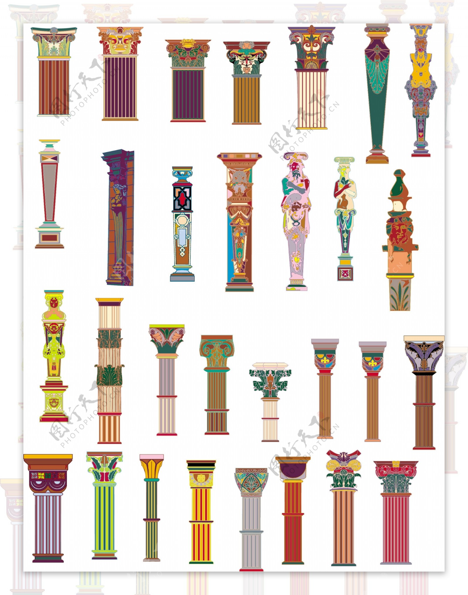 罗马柱集合有简笔画也有色块构成的