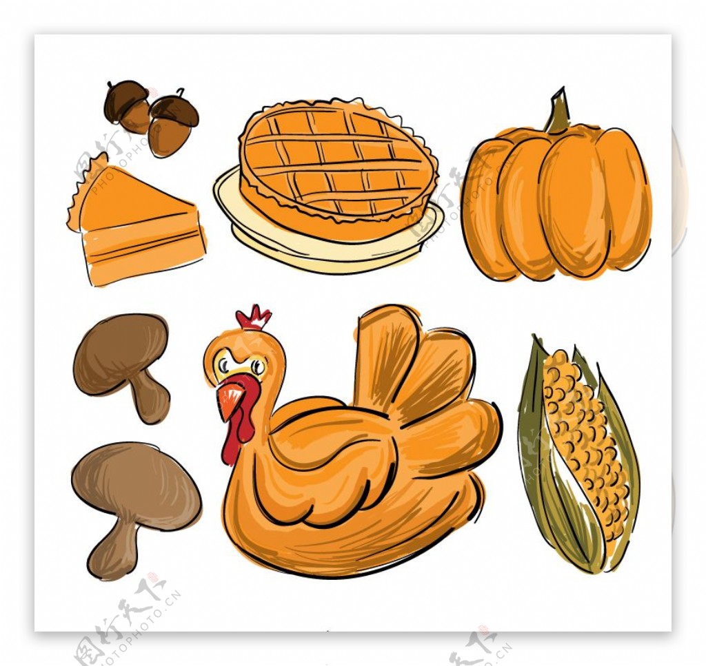 7款彩绘感恩节食物矢量素材.