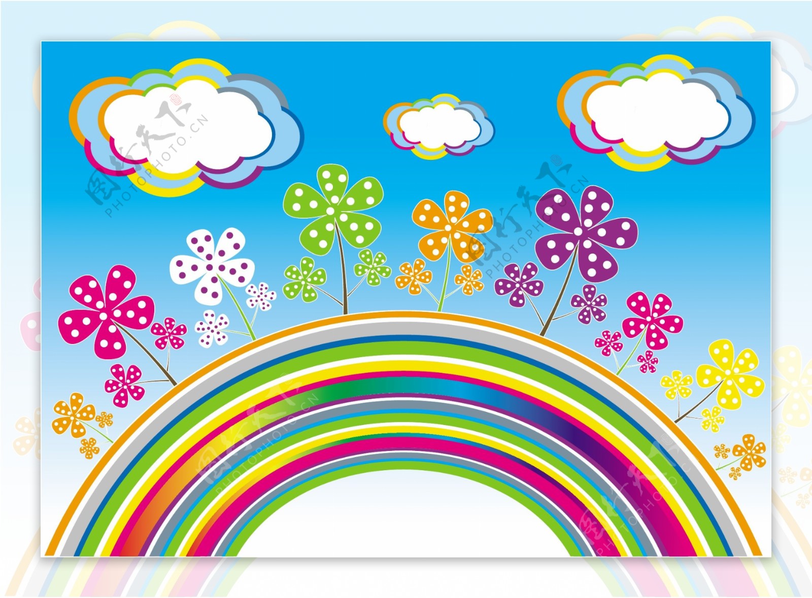 可爱的花云矢量素材的彩虹