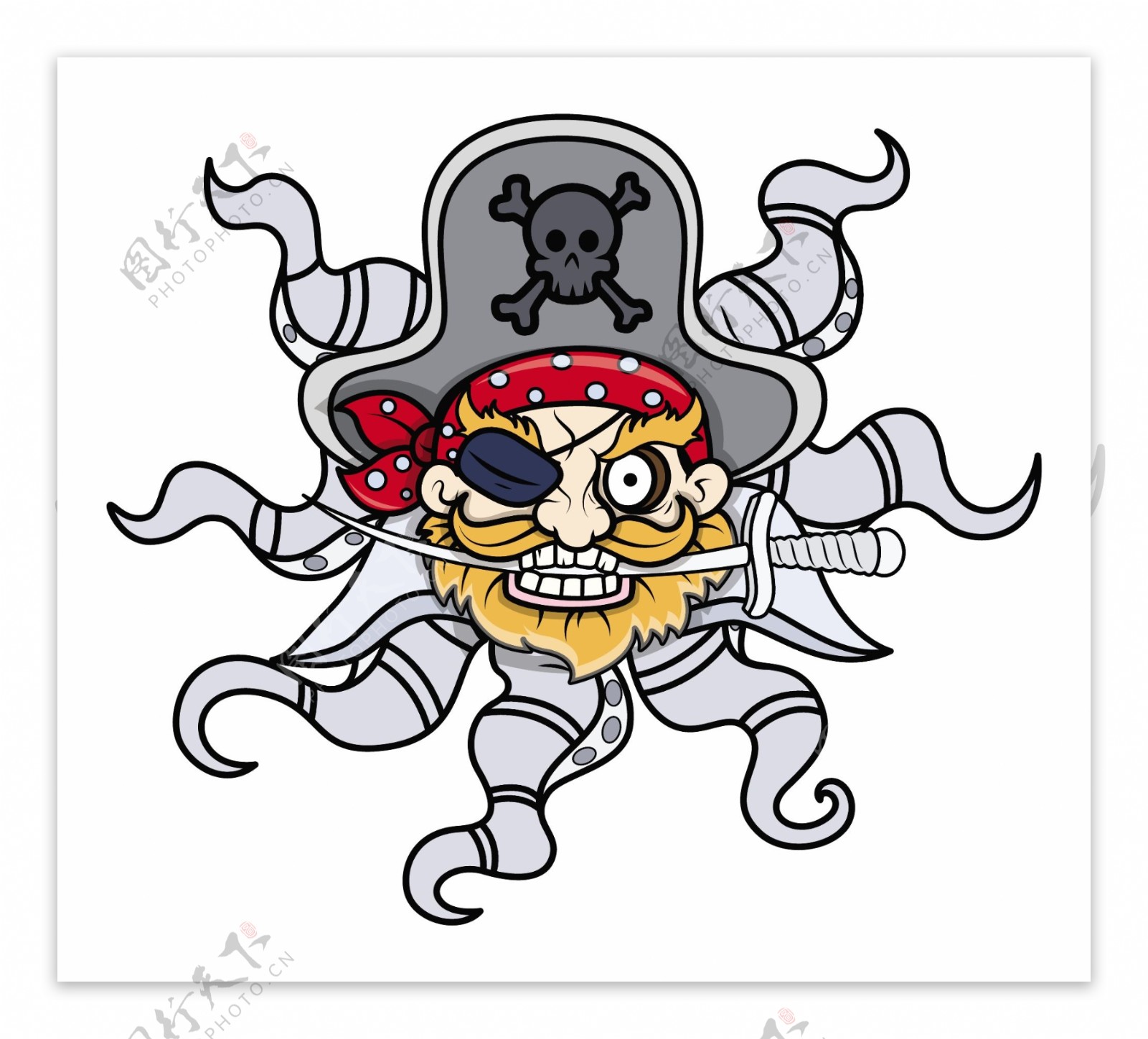 令人毛骨悚然的章鱼头海盗船长矢量卡通插画