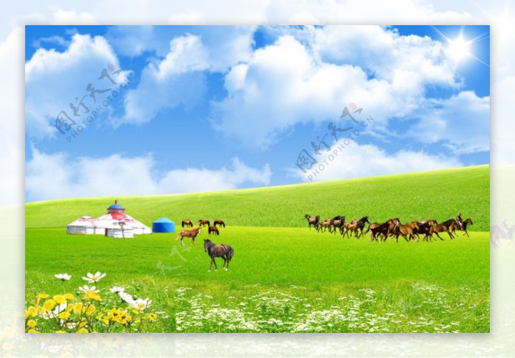 草原蒙古包图片奔腾的骏马