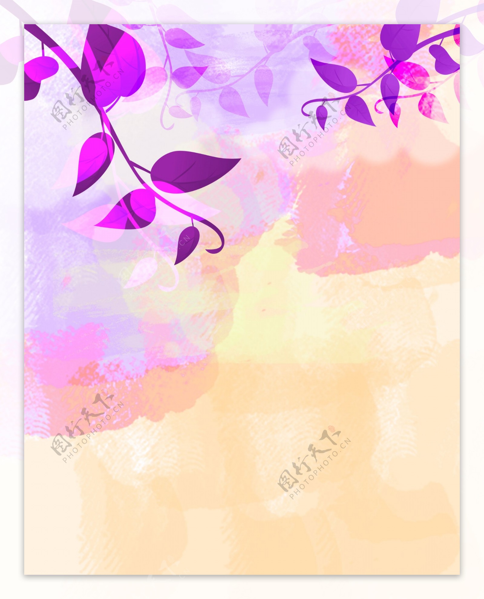 水彩画水墨背景紫叶PSD素材