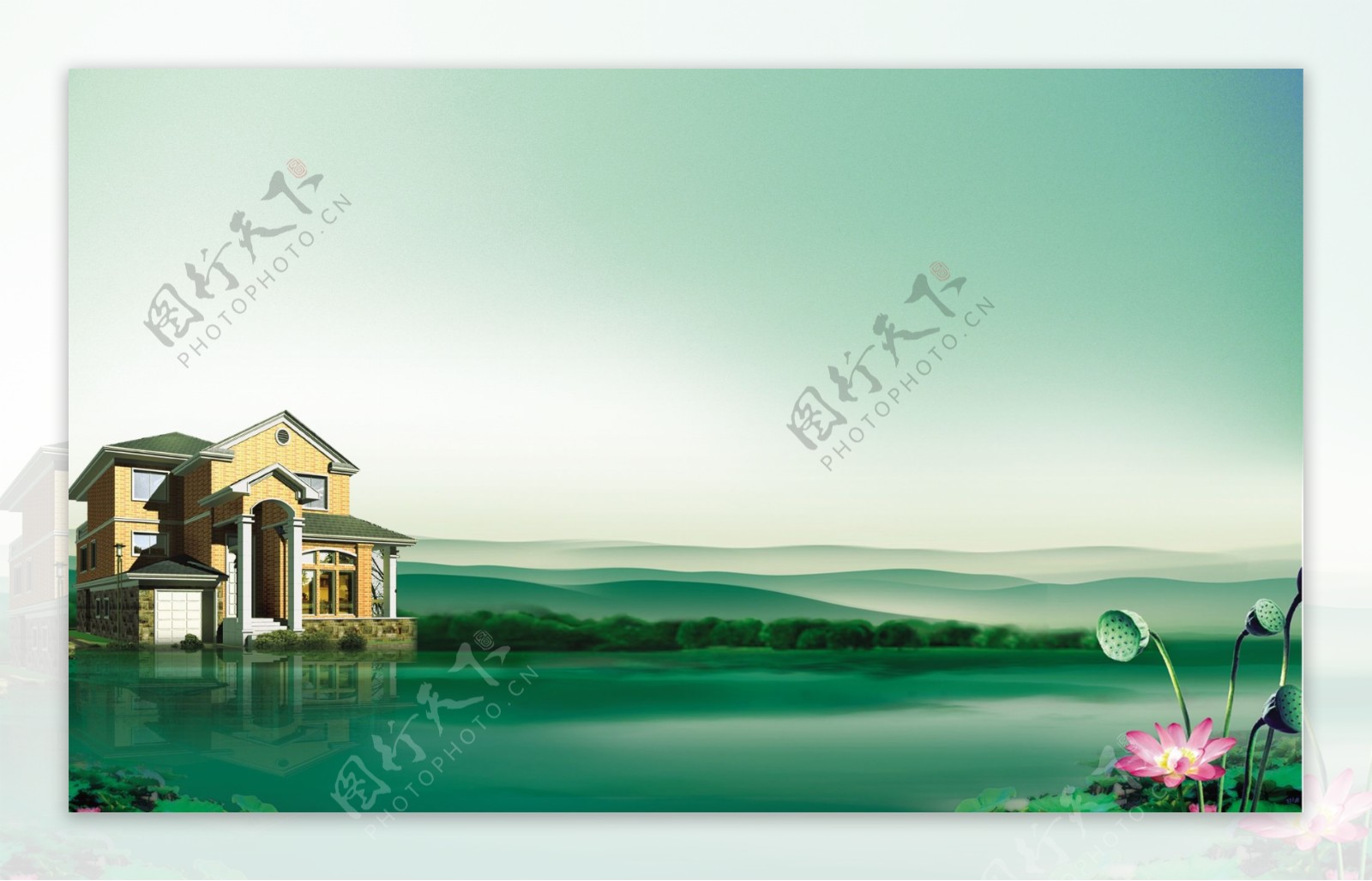 龙腾广告平面广告PSD分层素材源文件房地产水天一色别墅青山绿水平静的水面天空
