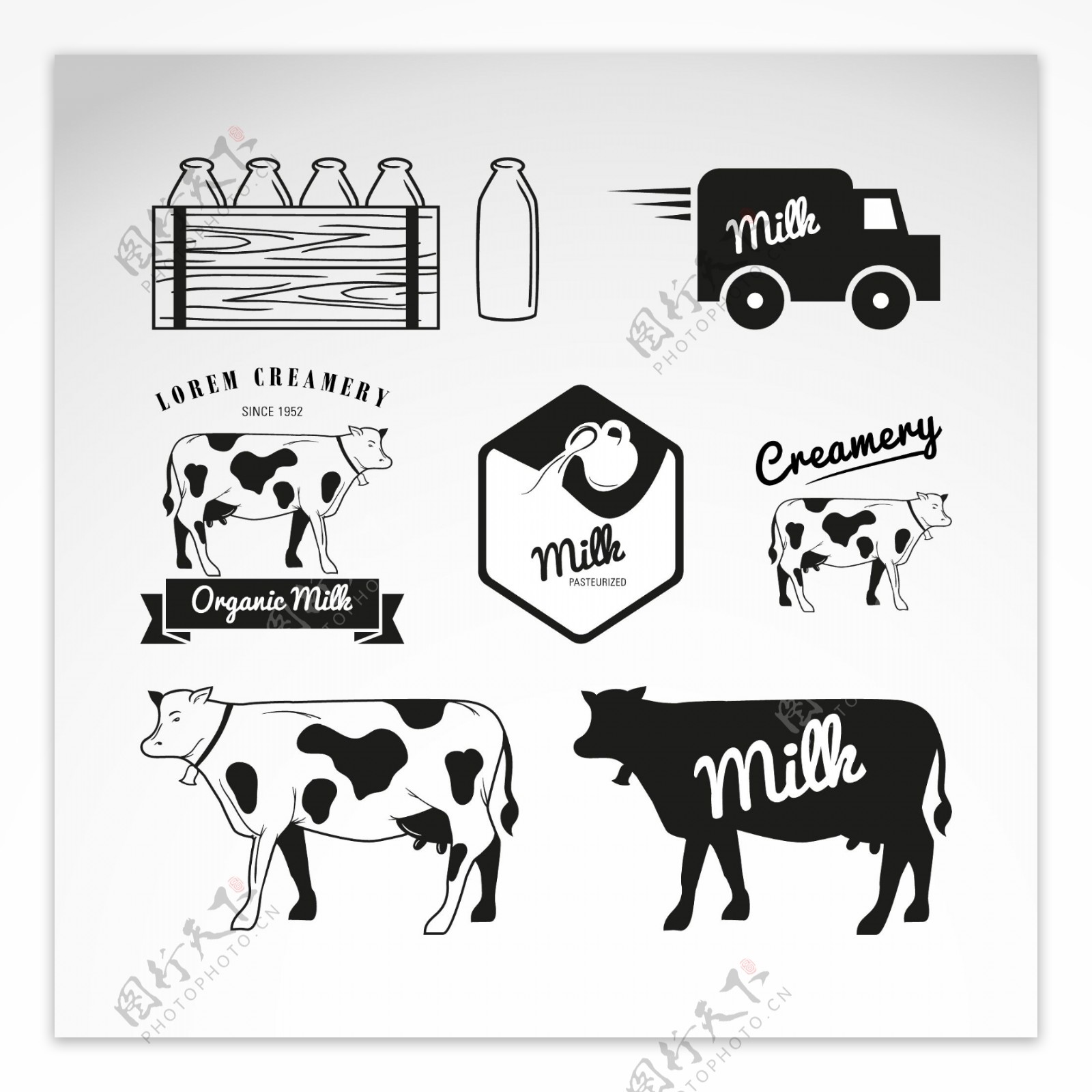奶牛和牛奶主题元素矢量素材
