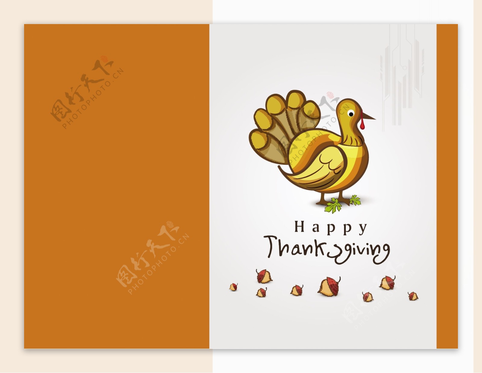 感恩节贺卡与美丽的土耳其的鸟橙色和灰色背景
