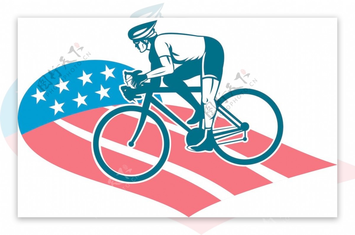 骑自行车的人骑着自行车赛车明星和条纹旗