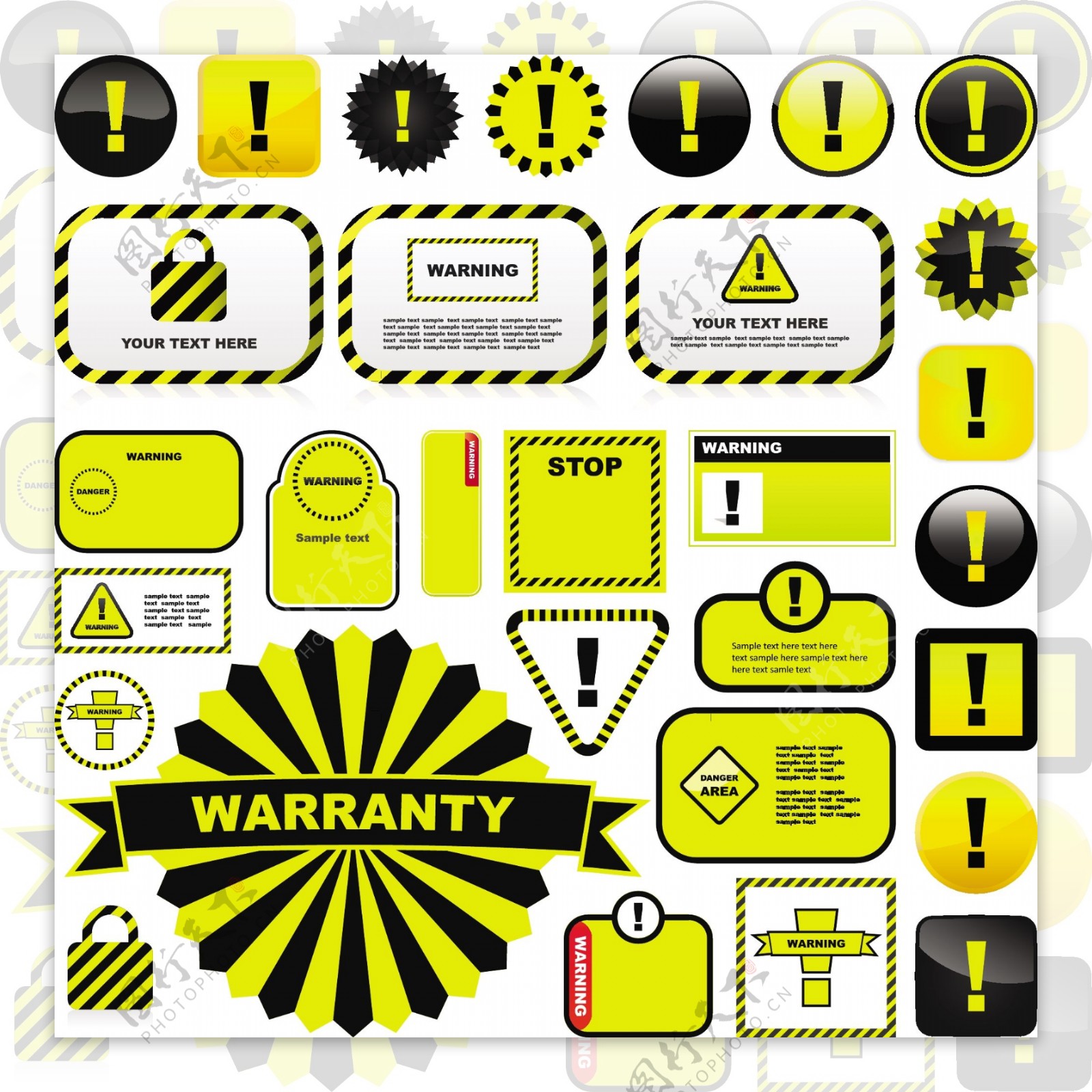 黄色警告标志和标签01矢量