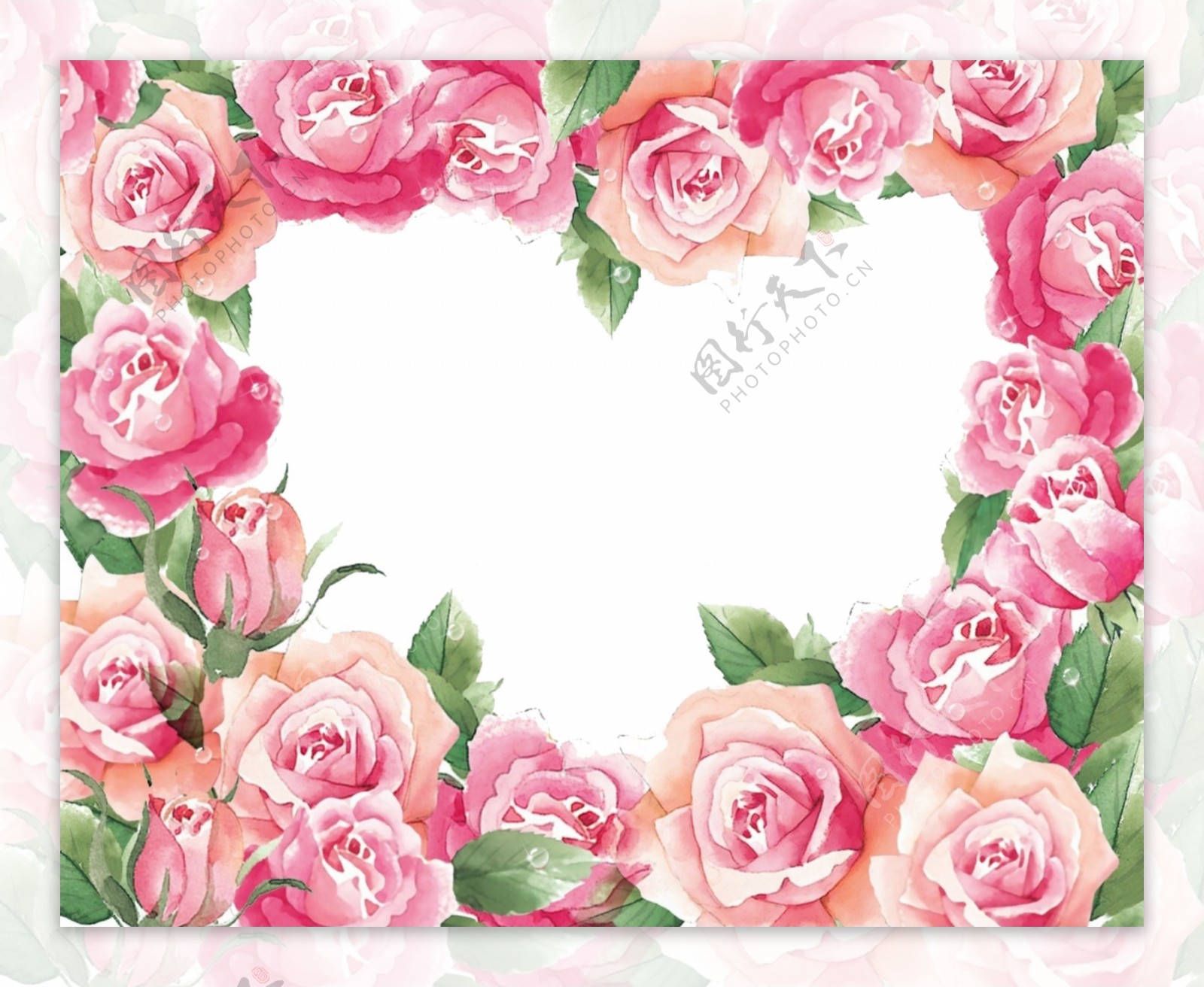 水彩花心框架的复古粉色和白色的玫瑰和植物，在白色的背景上孤立的插图，爱卡设计插画图片素材_ID:392506489-Veer图库
