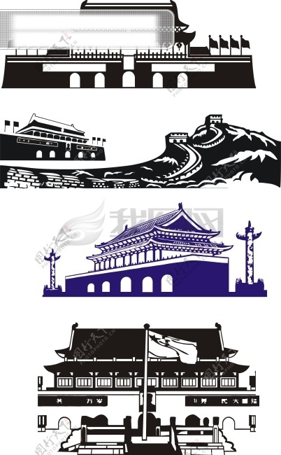 中国标志性建筑长城故宫华表天安门国旗