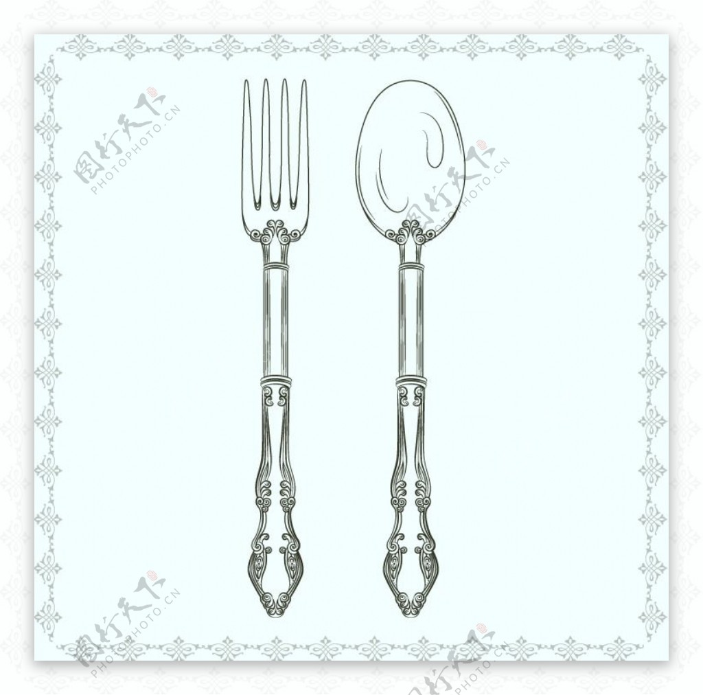 花纹餐勺和餐叉矢量素材