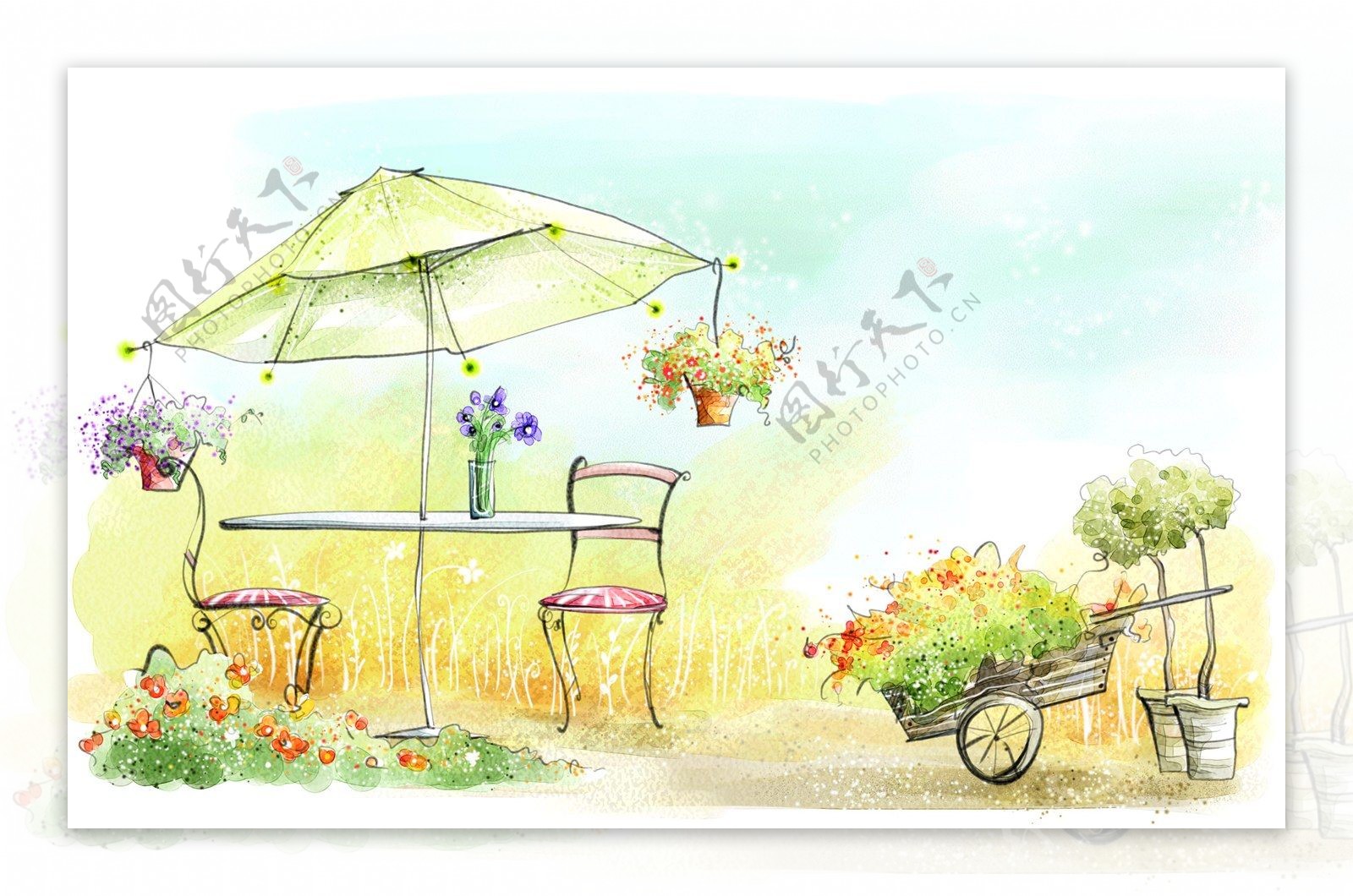 韩风手绘水彩插画花园