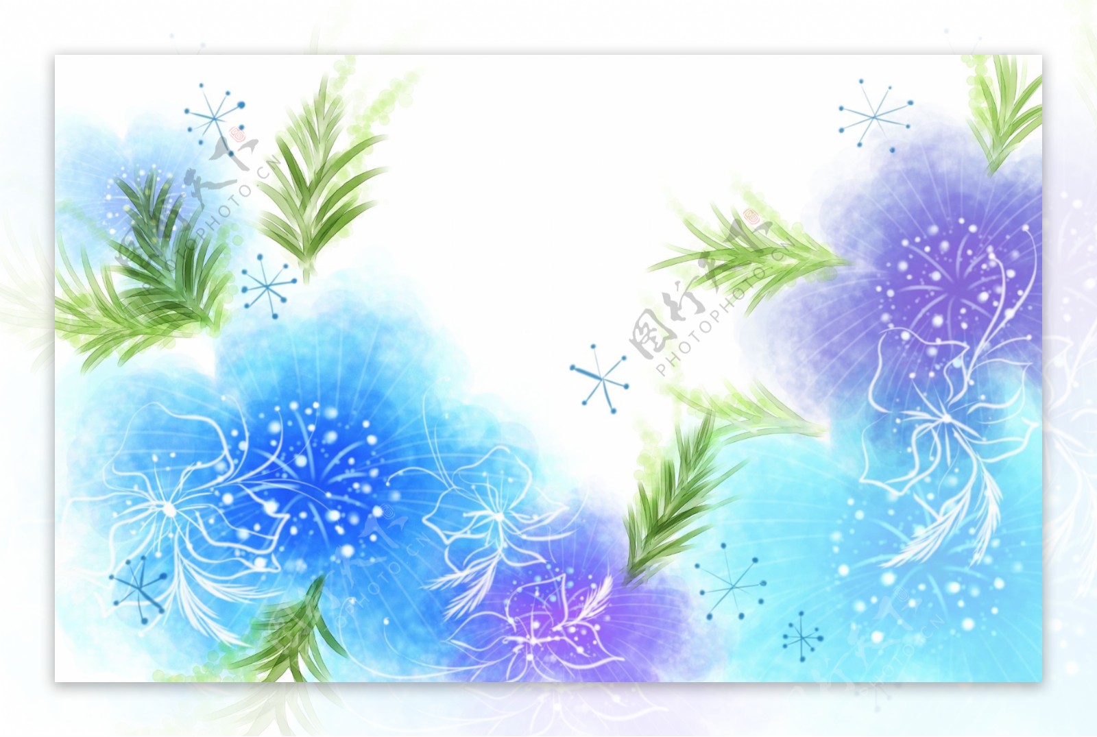 盛开的蓝色花朵和绿色枝条