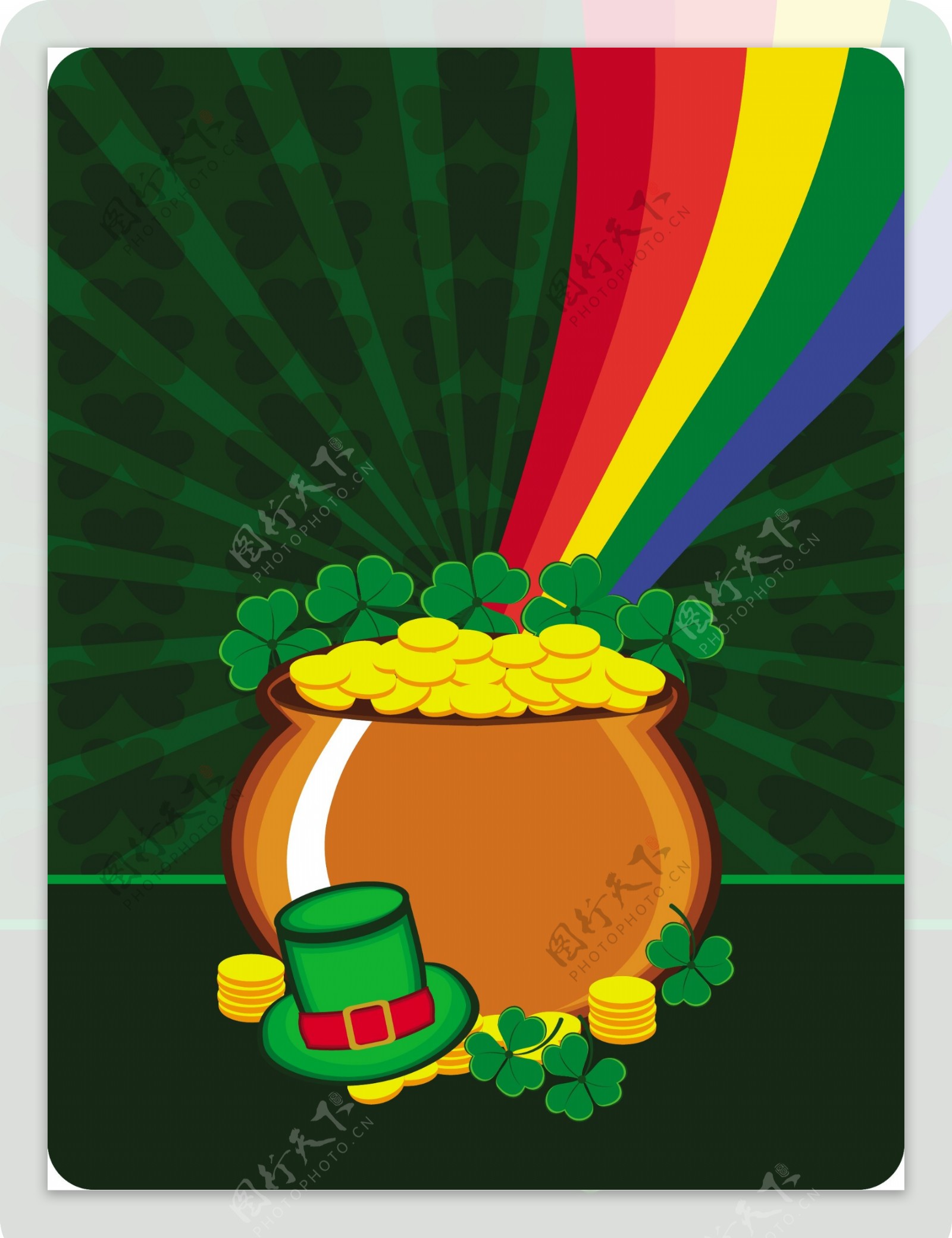 一个金币和帽子上的三叶草的背景矢量具有彩虹酒吧