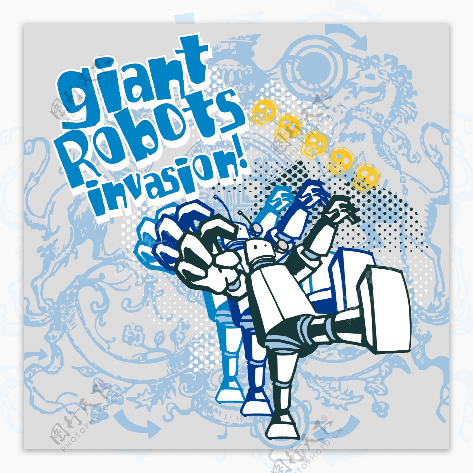 印花矢量图T恤图案图文结合人物机器人免费素材