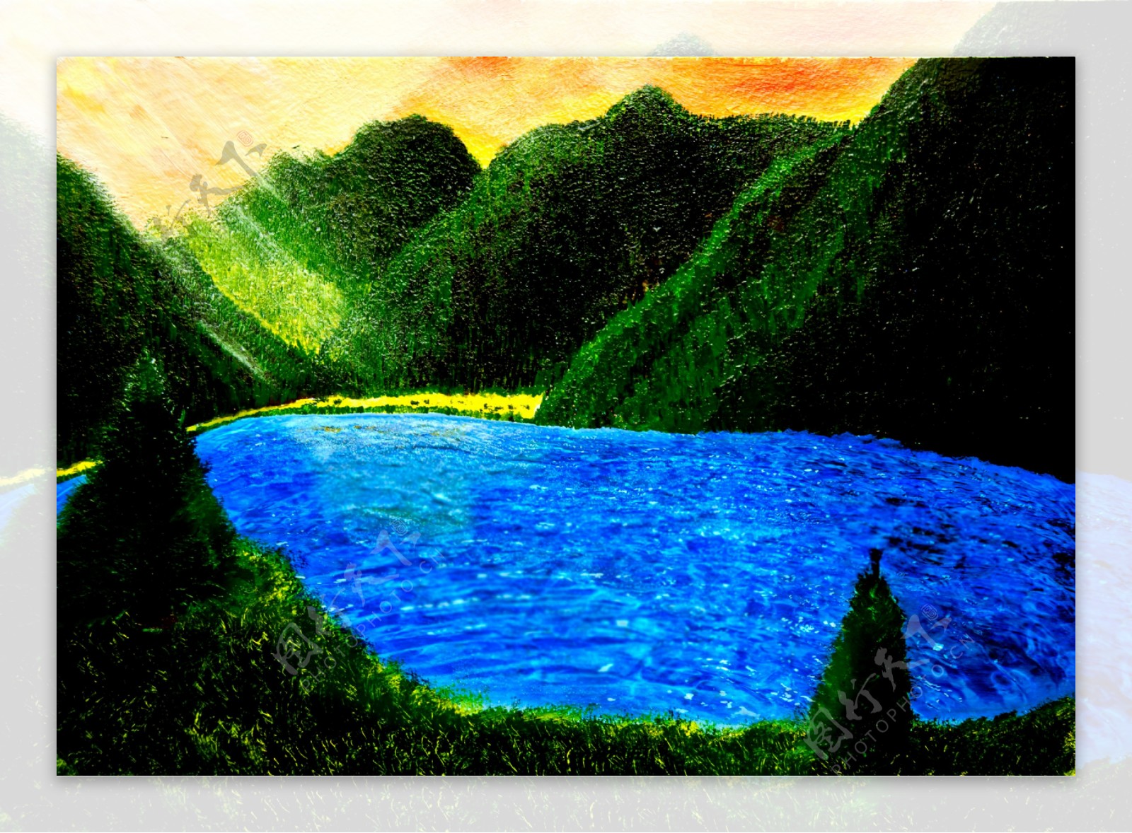 油画山间湖泊图片