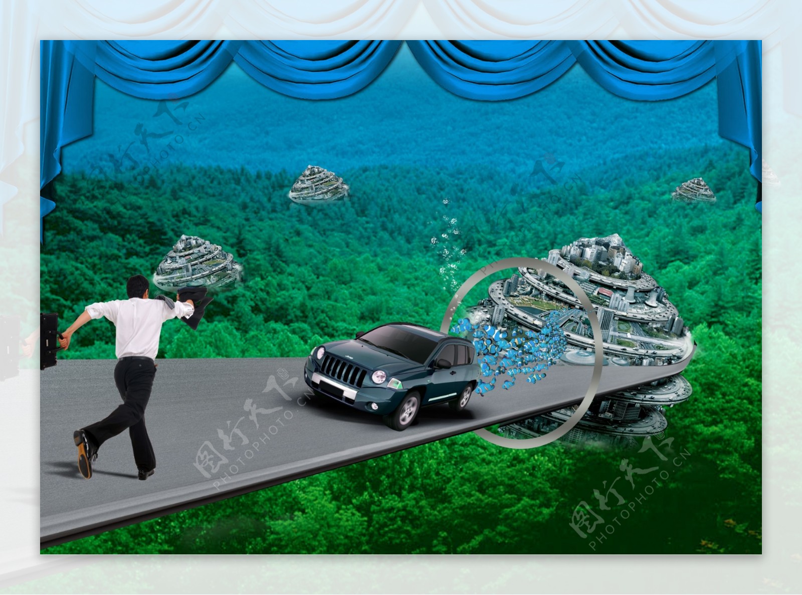 汽车广告宣传汽车广告汽车男人成功人士布幕山树林森林PSD分层素材国内广告设计广告设计道路楼房天空