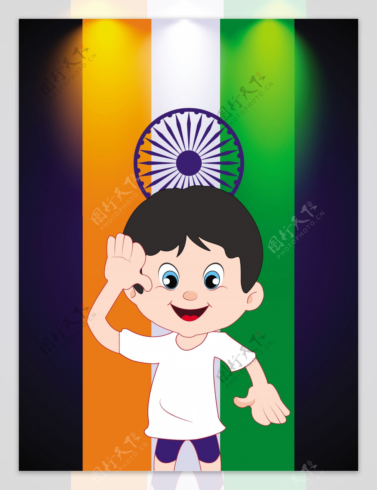 印度国旗敬礼背景卡通男孩